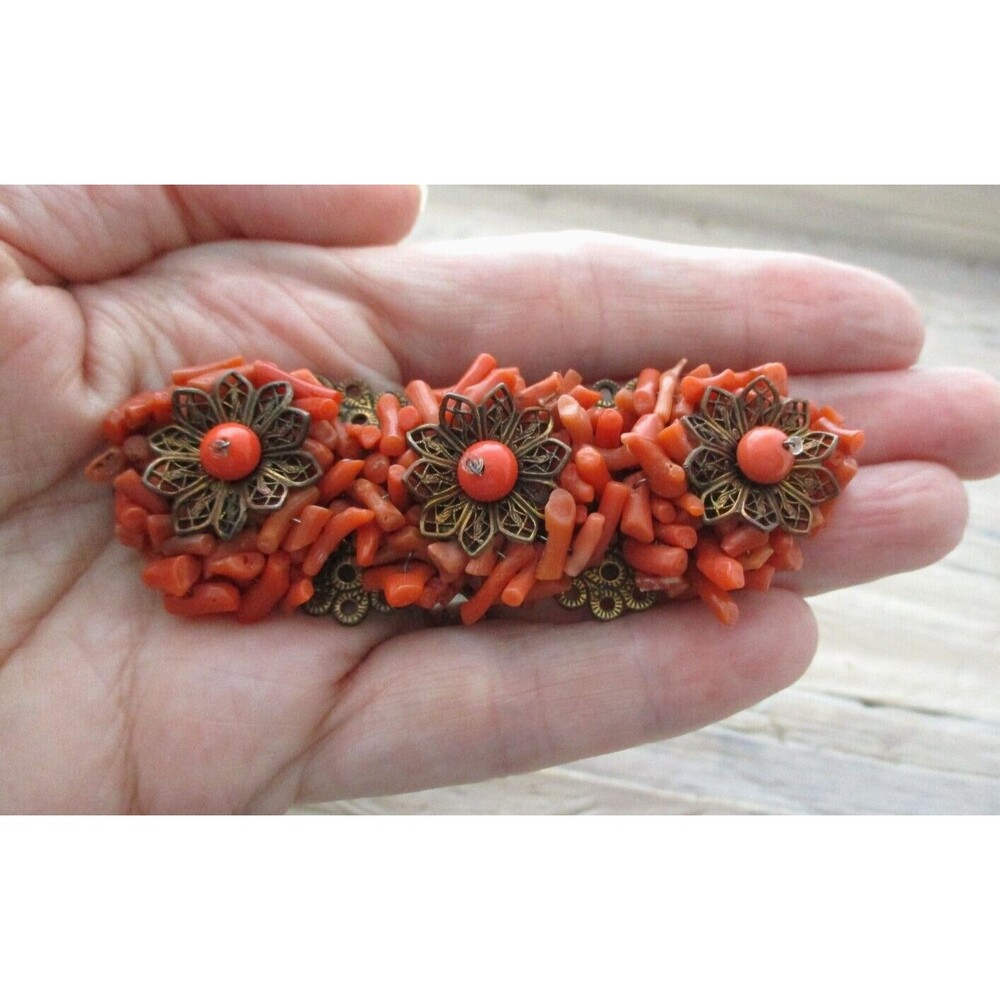 Miriam Haskell Early Vintage Branch Coral Filigree Triple Flower Brooch pin